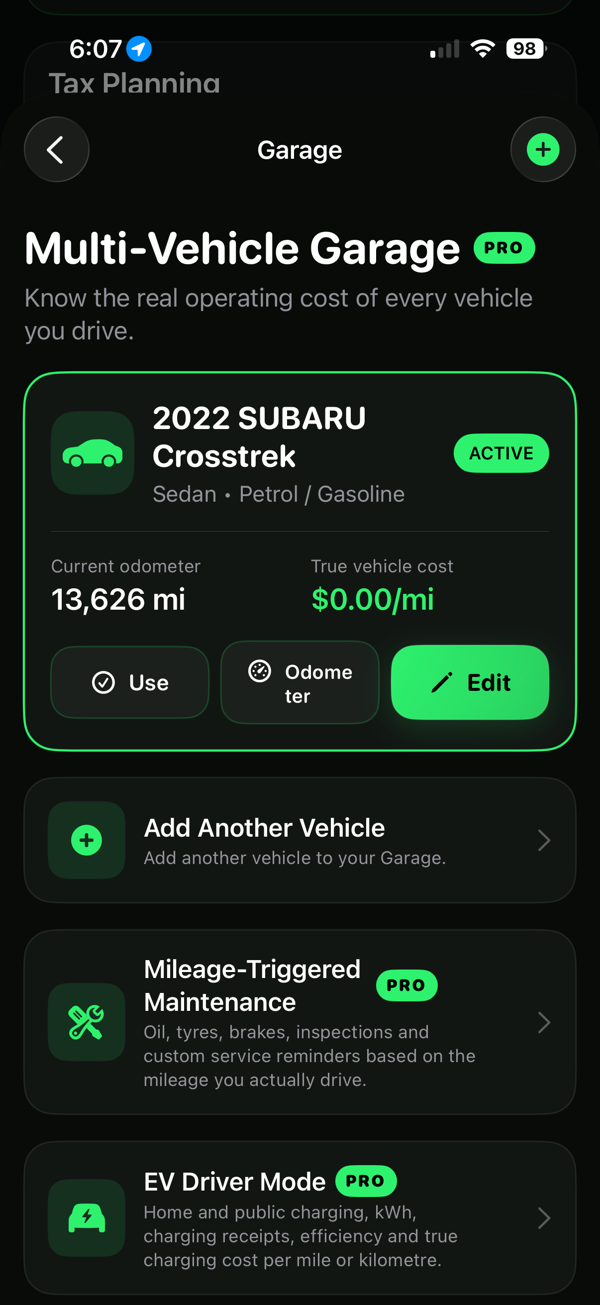 Actual Free Mile Tracker garage screenshot showing a Subaru Crosstrek and maintenance tools