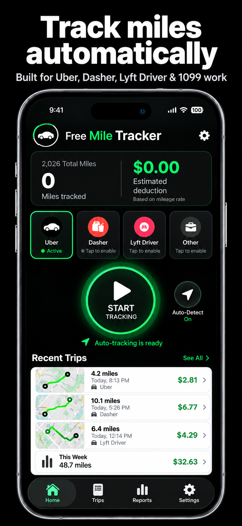 Free Mile Tracker automatic mileage tracking app preview showing the Uber car, service selection and recent trips